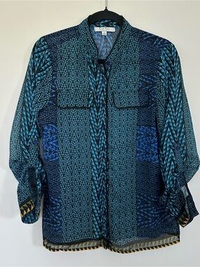 C'est City Blouse Geometric Zigzag Shirt Maximalist Sheer Botton Top Festival Sm